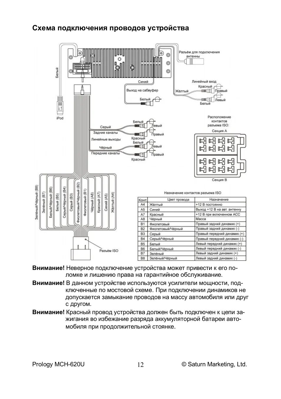 Подключение магнитолы prology Схема подключения проводов устройства Инструкция по эксплуатации Prology MCH-620