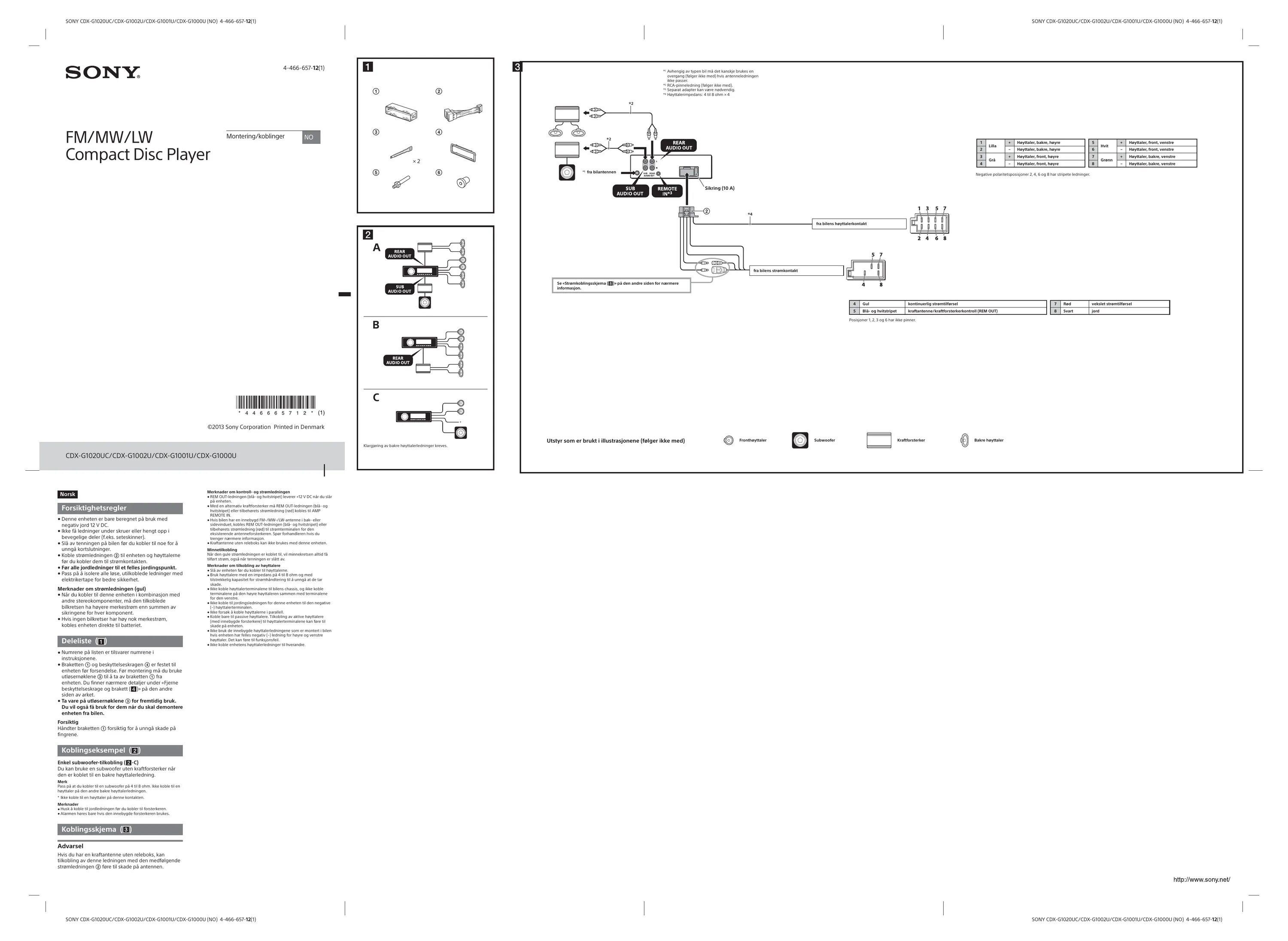 Подключение магнитолы сони cdx Sony CDX-G1000U Hurtigoppsetts- og oppstartsveiledning Manualzz