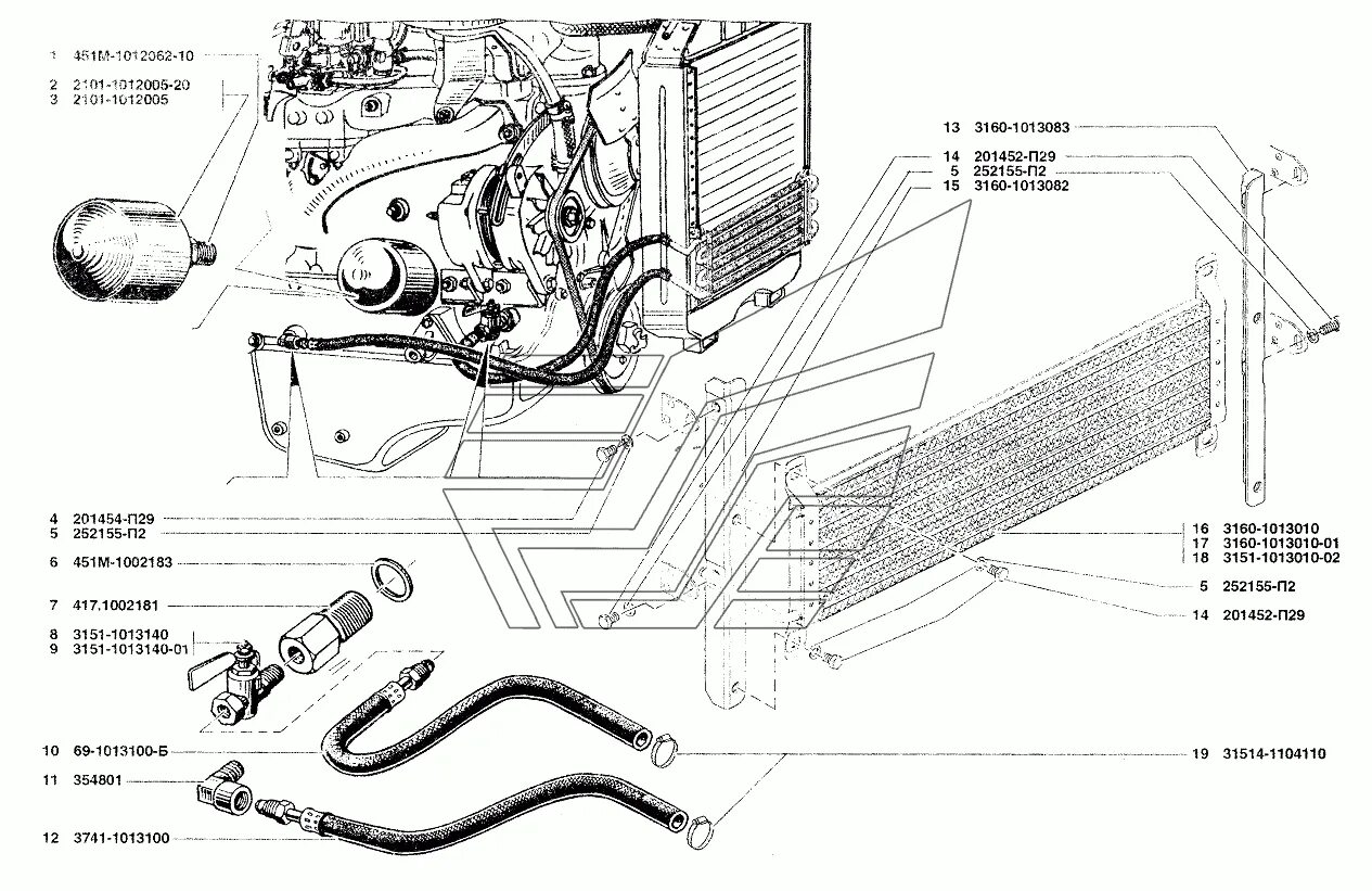Подключение масляного радиатора уаз Фильтр очистки масла и радиатор масляный УАЗ-37419 (Чертеж № 57: список деталей,