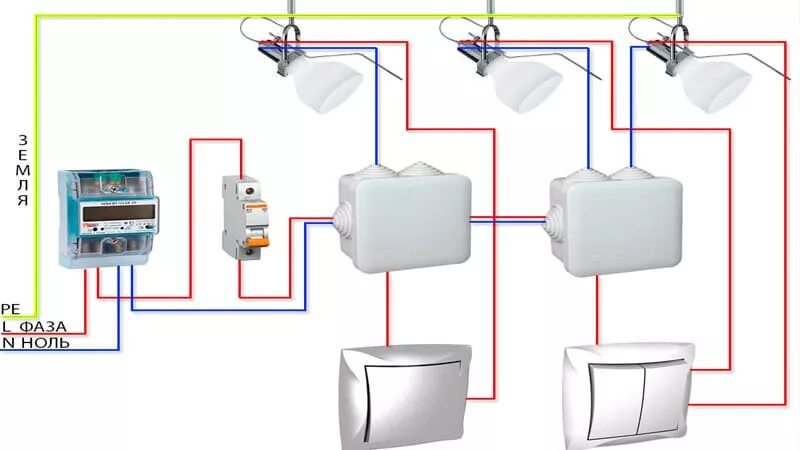 Подключение мастер выключателя на освещение Схема подключения двухклавишного выключателя на две лампочки