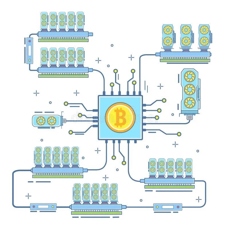 Подключение майнинг фермы к электрическим сетям Bitcoin Farm Vector Illustration in Flat Linear Style Stock Vector - Illustratio