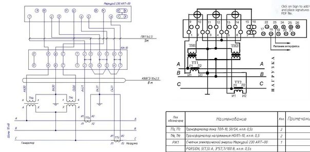 Подключение меркурий 230 через трансформаторы Circuit connection through current transformers and voltage transformers to the 