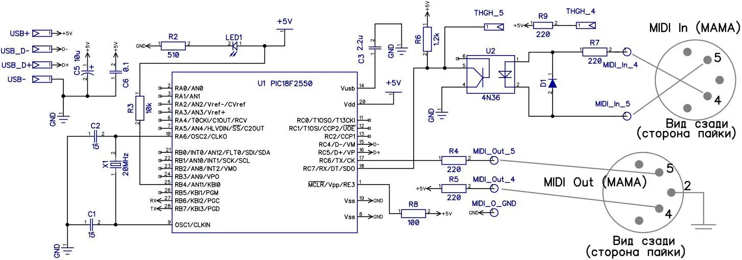 Подключение midi устройств Самодельный USB MIDI адаптер для компьютера на микроконтроллере PIC18F2550 - MBS