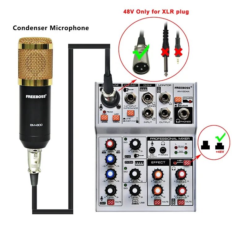 Подключение микрофона через usb Купить Freeboss AM-G04A USB Bluetooth Запись воспроизведения компьютера 4 канала