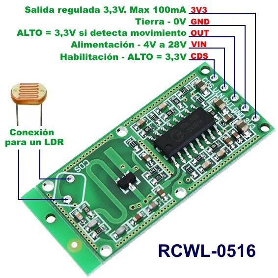 Подключение микроволнового датчика RCWL-0516: Módulo sensor de movimiento de microondas con radar Doppler Sensor, P