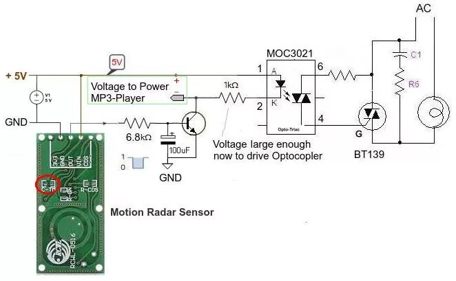 Подключение микроволнового датчика Motion detector with light & mp3 player - Mohammad Forgani - (Forghanian)