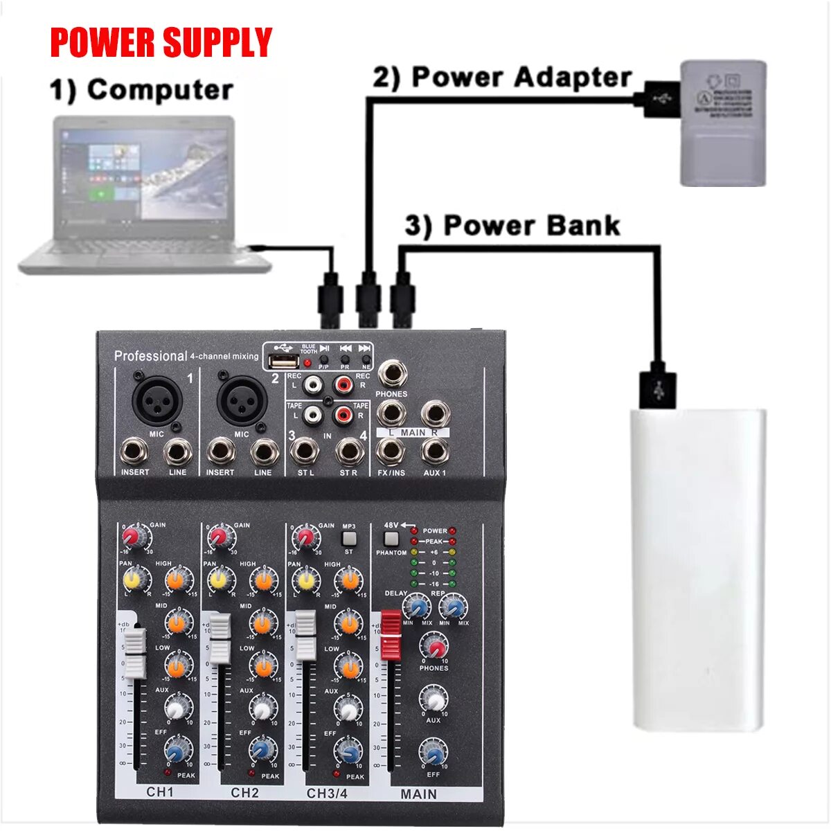 Подключение микшера к телевизору Portable 4 Channel USB Audio Mixer bluetooth Live Stage Audio Mixing C - Electro