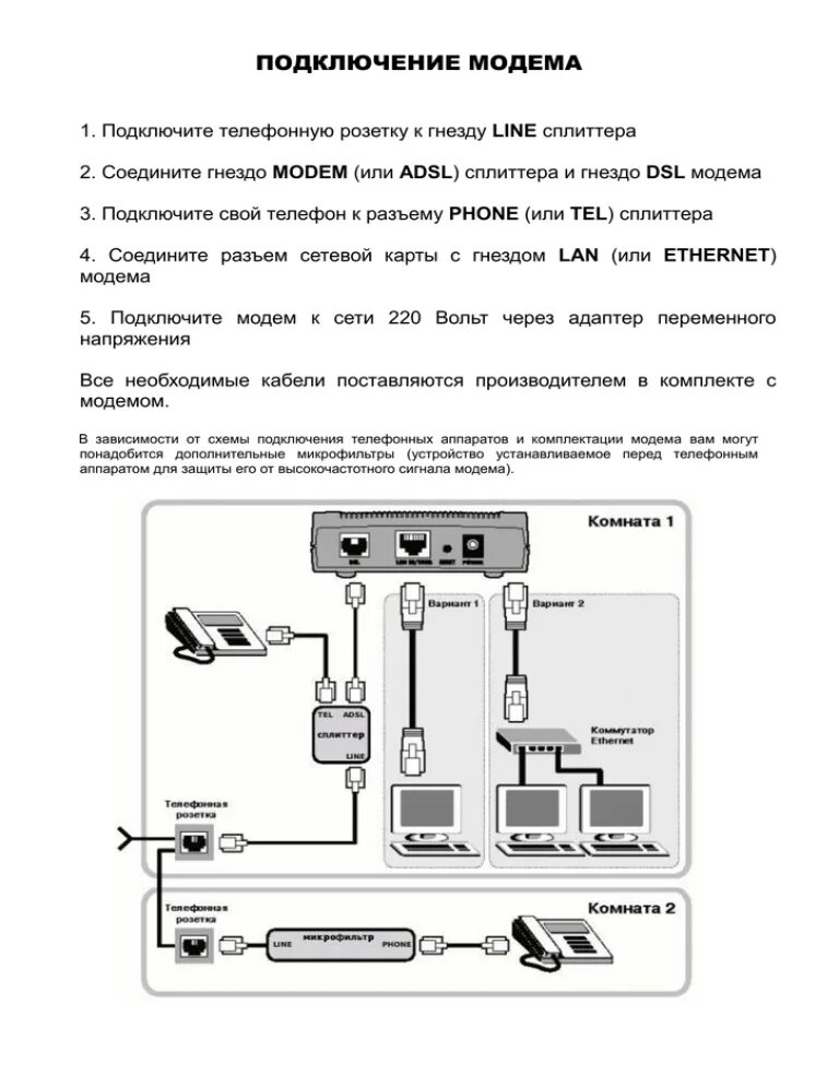 Подключение модема кнопкой ПОДКЛЮЧЕНИЕ МОДЕМА 1. Подключите телефонную розетку к