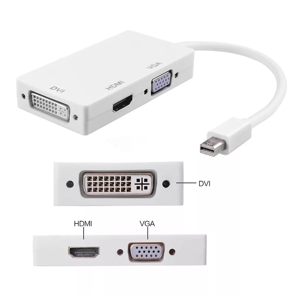 Подключение монитора через дисплей порт Переходник 3 в 1 с Thunderbolt / Mini Displayport на VGA / hdmi / DVI за 600 руб