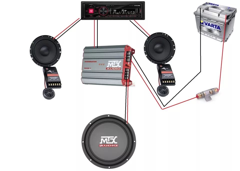Подключение музыки без усилителя Схема моей системы Автозвука. - Ford Focus II Hatchback, 1,6 л, 2007 года автозв