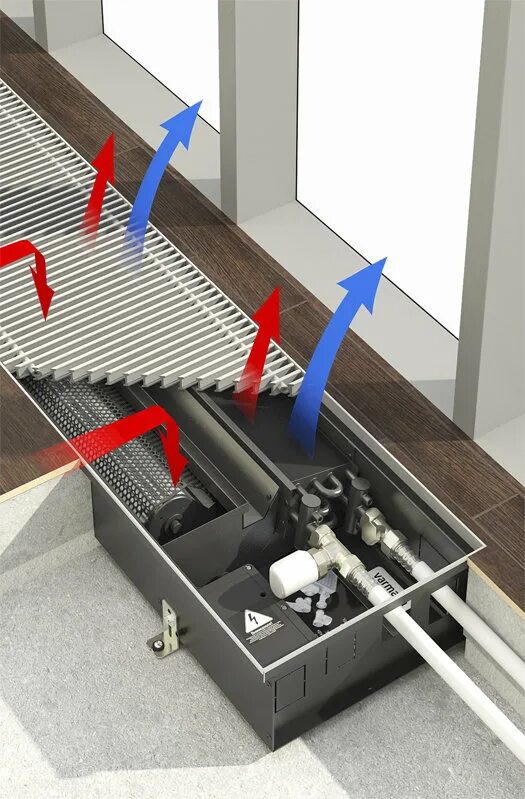 Подключение напольного конвектора отопления Конвектор внутрипольный Varmann Qtherm HK (310x130x900), двухтрубная система куп