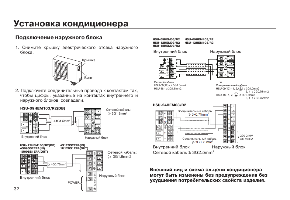 Подключение наружного блока Установка кондиционера, Подключение наружного блока Инструкция по эксплуатации h