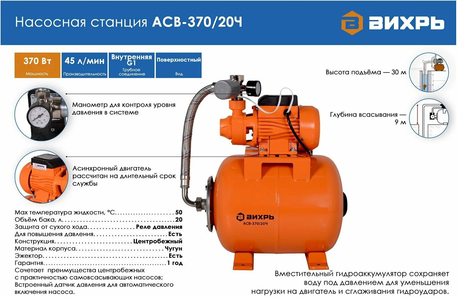 Подключение насоса вихрь Насосная станция ВИХРЬ АСВ-370/20Ч (370 Вт) - купить в интернет-магазине по низк