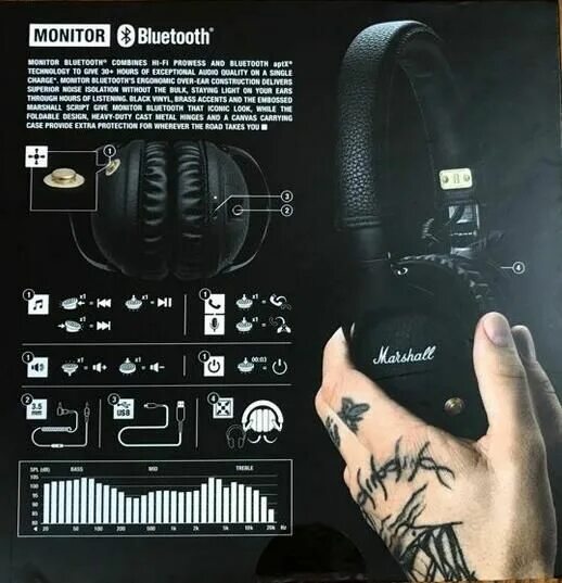 Подключение наушников marshall 4 Marshall Monitor Bluetooth Headphones with Mic Deep Bass DJ Hifi Headset Profess