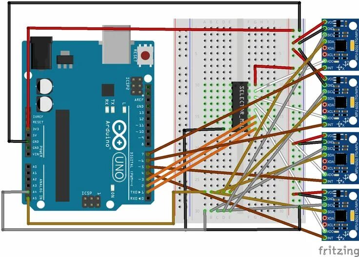 Подключение нескольких устройств по i2c к arduino Using more than two MPU-6050 sensors can be achieved by connecting each of the A