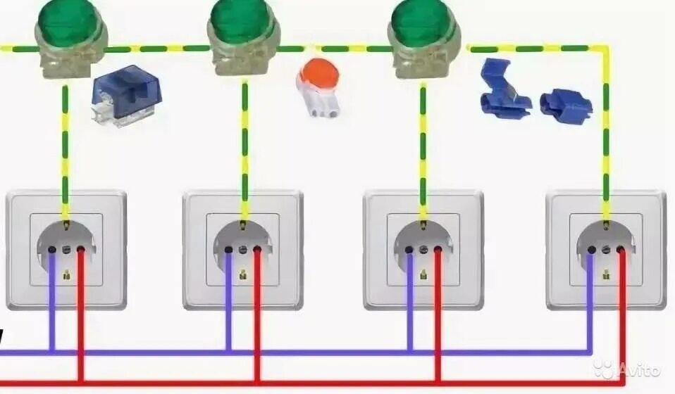 Подключение несколько розеток от одного провода Подключение блока розеток
