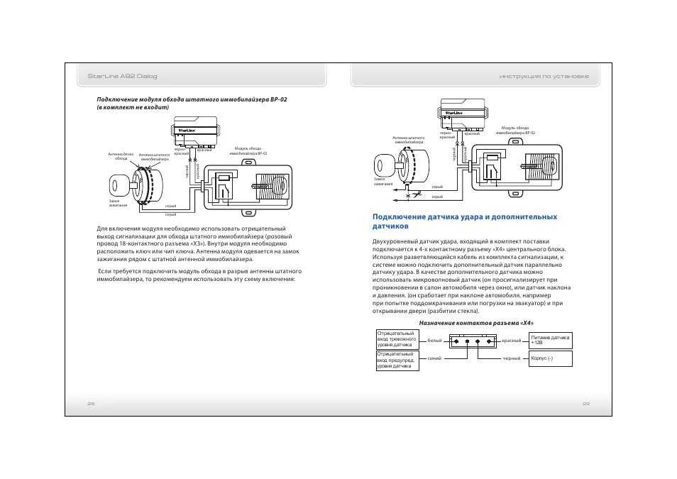 Подключение обходчика иммобилайзера к сигнализации старлайн а90 Инструкция по эксплуатации StarLine A92 DIALOG Страница 15 / 39