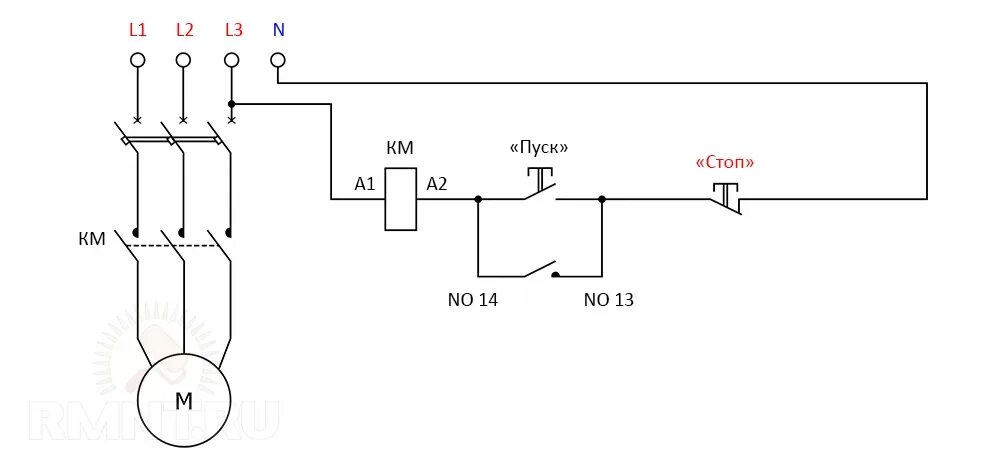 Подключение однофазного двигателя через пускатель Схема самоподхвата пускателя фото - DelaDom.ru