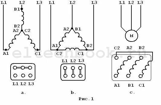 Подключение однофазного двигателя треугольником Схема подключения электродвигателя, подключение трехфазного двигателя в однофазн