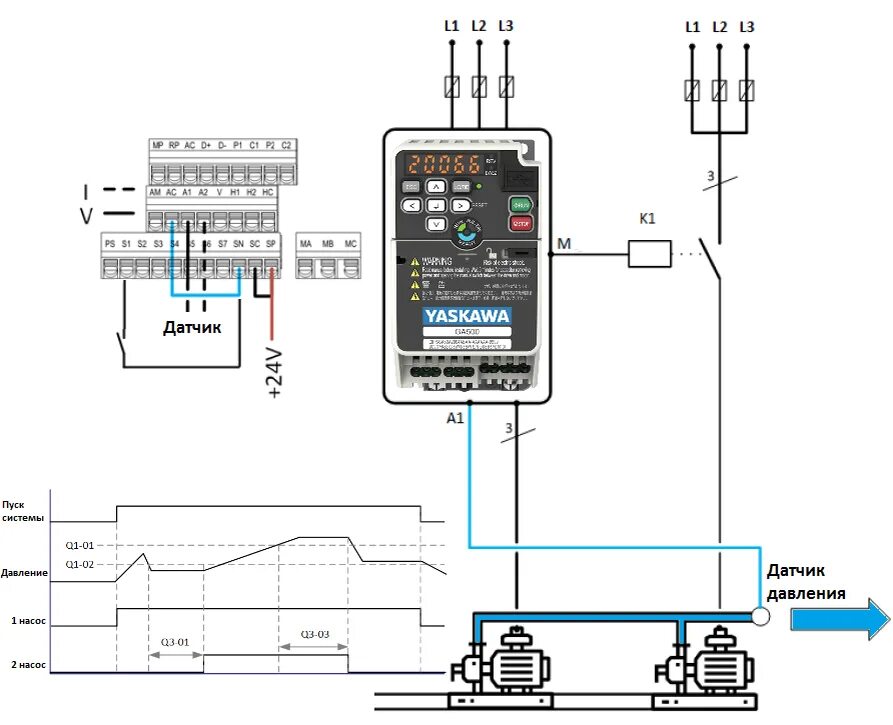 Подключение однофазного насоса к частотному преобразователю GA500 для каскадного управления насосами ООО "КоСПА" Дзен