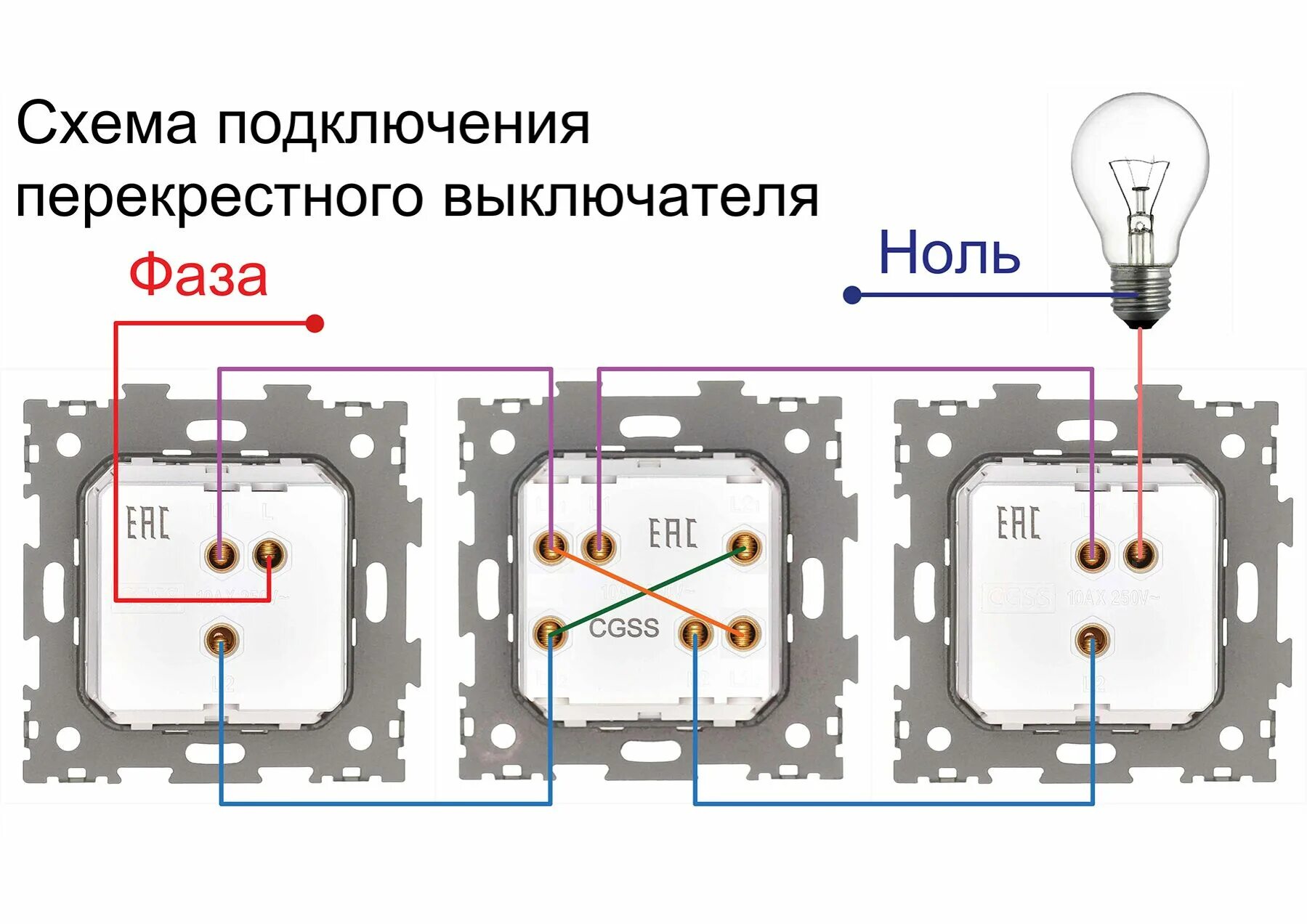 Подключение одноклавишного перекрестного выключателя Выключатель одноклавишный перекрестный черный, GL-W101-PRBCM