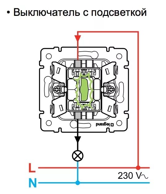 Подключение одноклавишного выключателя с подсветкой Купить - Legrand 774410, Valena Выключатель 1-кл с подсветкой, белый