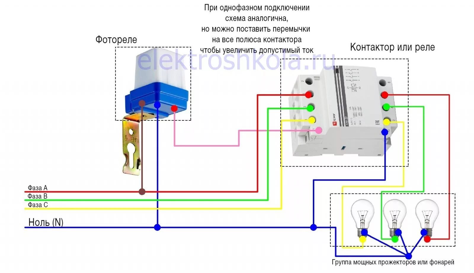 Подключение освещения через контактор Автомат включения освещения HeatProf.ru