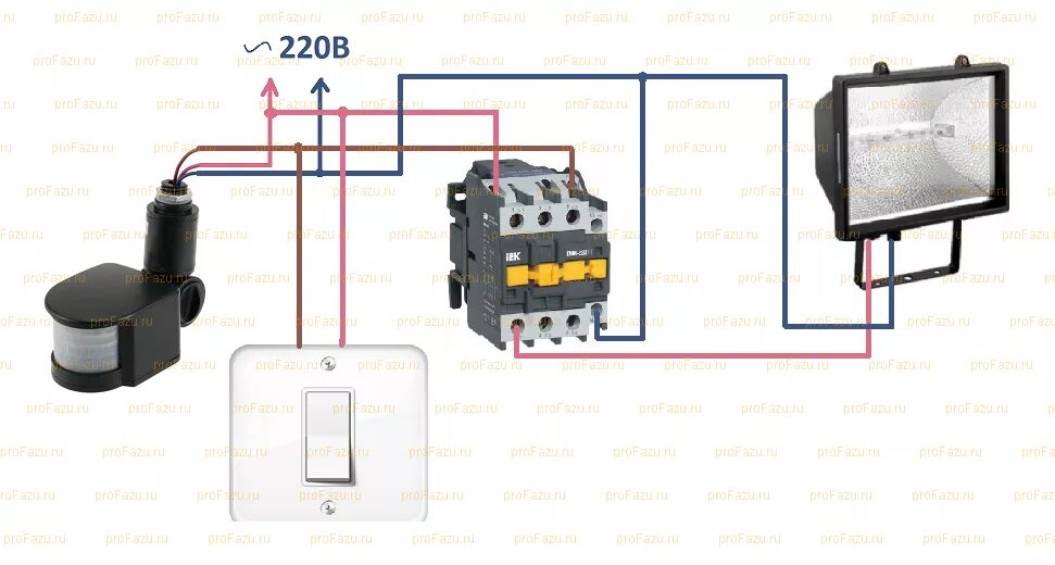 Подключение освещения через пускатель Датчик движения для включения света схема включения, настройка