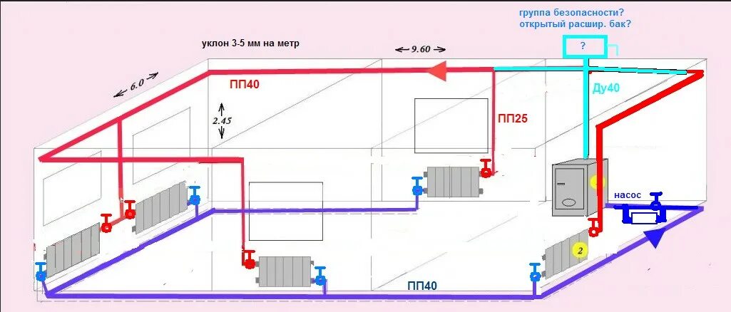 Подключение отопления без насоса Схема отопления деревянного одноэтажного дома BuilderClub