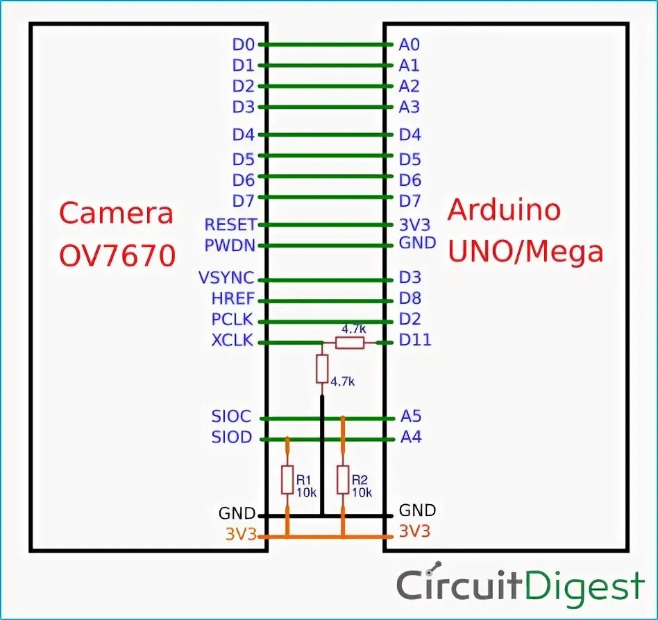 Подключение ov7670 к дисплей 3 5inch Arduino OV7670 Camera Module Circuit Diagram Arduino, Arduino projects, Camera