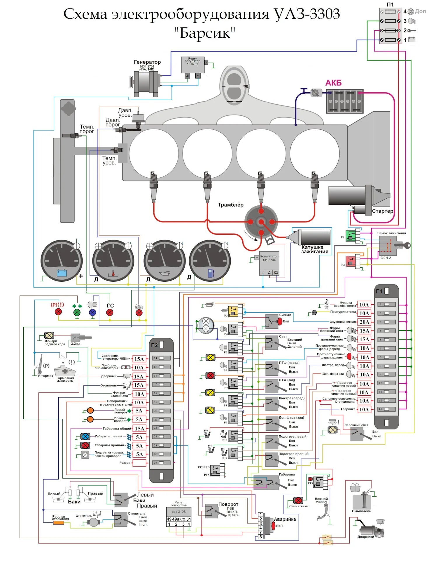 Подключение панели приборов уаз 3303 Панель приборов. Электрика. Электросхема. - УАЗ 3303, 2,9 л, 2001 года своими ру