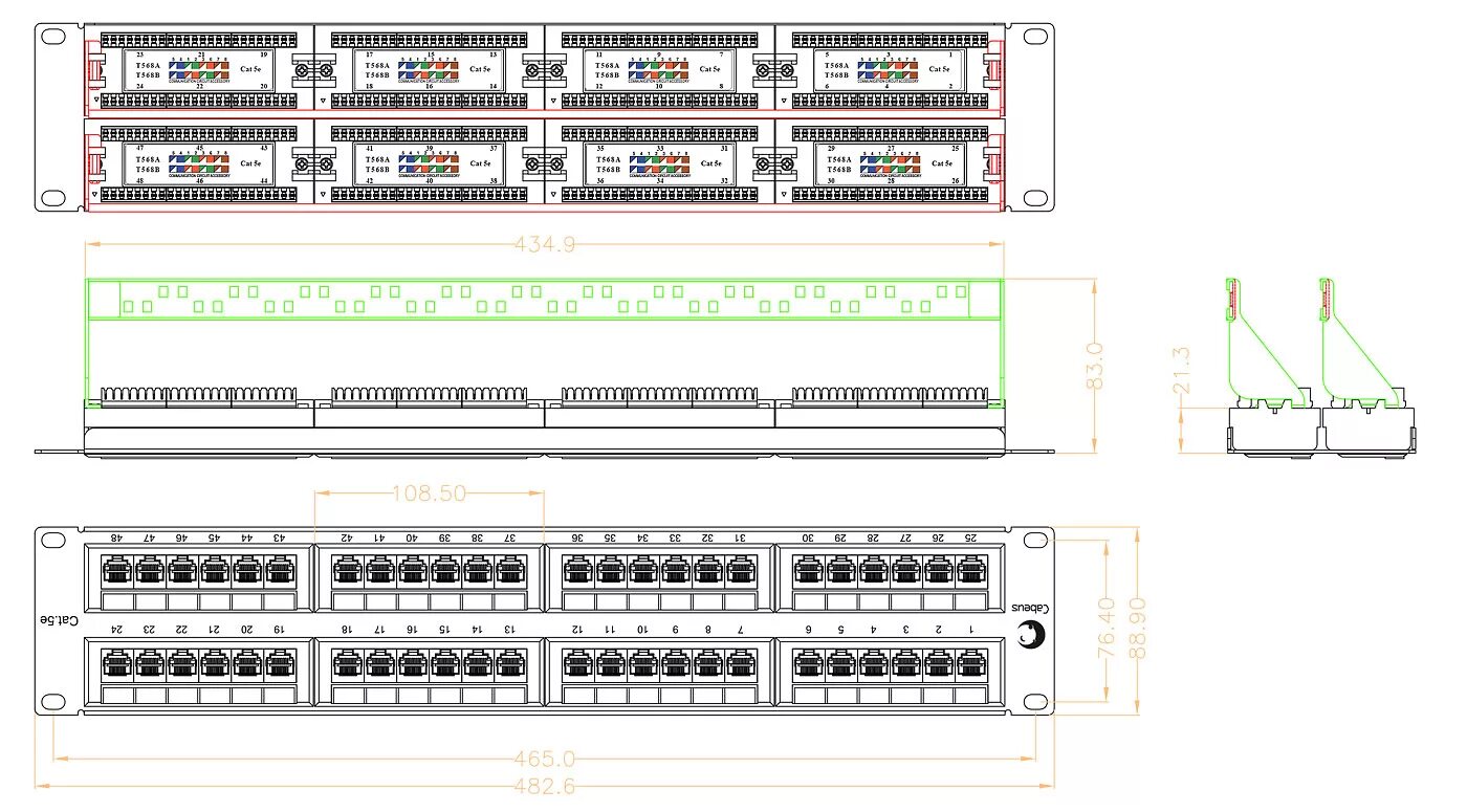 Подключение патч панели схема Cabeus PL-48-Cat.5e-Dual IDC Патч-панель 19" (2U), 48 портов RJ-45, категория 5e