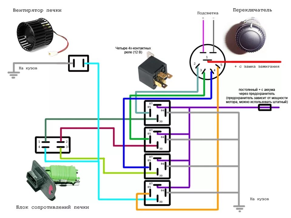 Подключение печки через реле схема подключения 4 скорости моторчика печки на волге - ГАЗ 31029, 2,4 л, 1992 года электроника DR