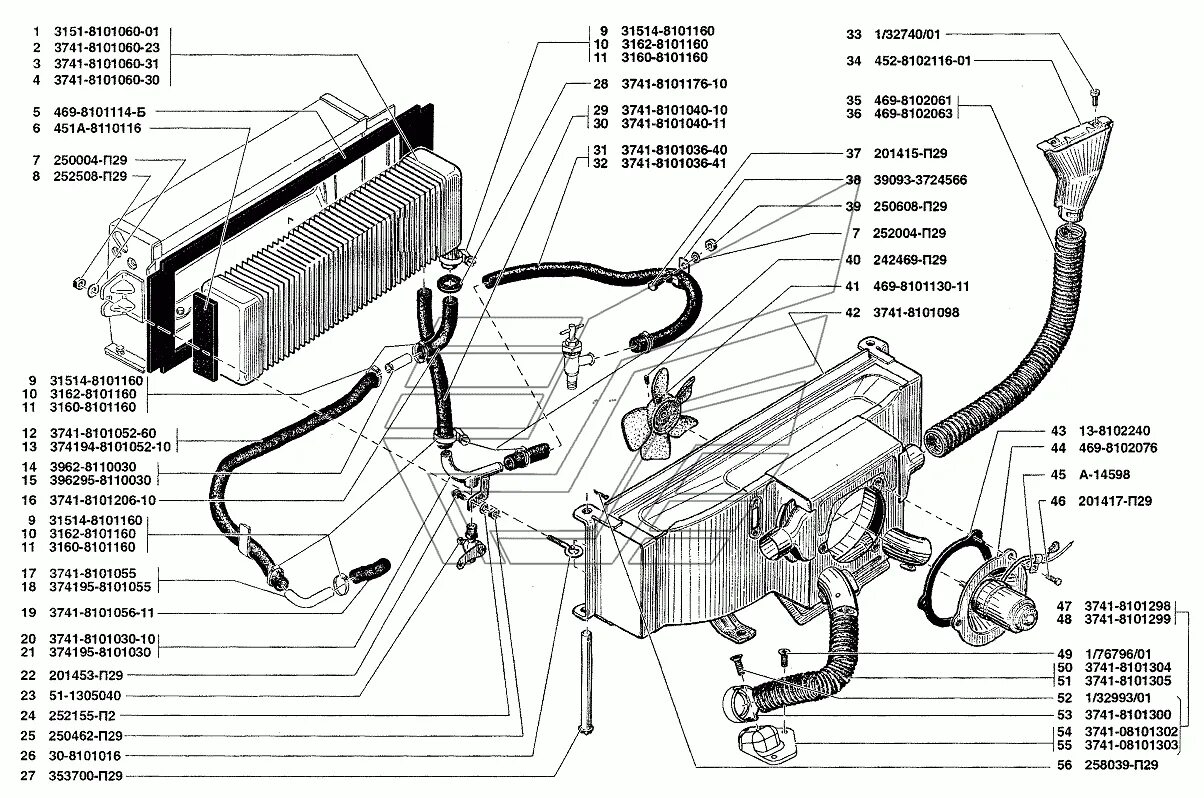 Подключение печки уаз буханка 409 двигатель Отопление кузова и трубопроводы УАЗ-37419 (Чертеж № 29: список деталей, стоимост