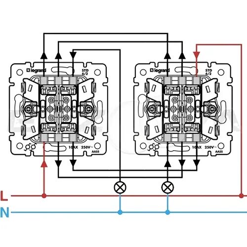 Подключение переключателей схема 6 Выключатель 2-клавишный проходной Legrand Valena белый 10АX Купить в интернет-ма