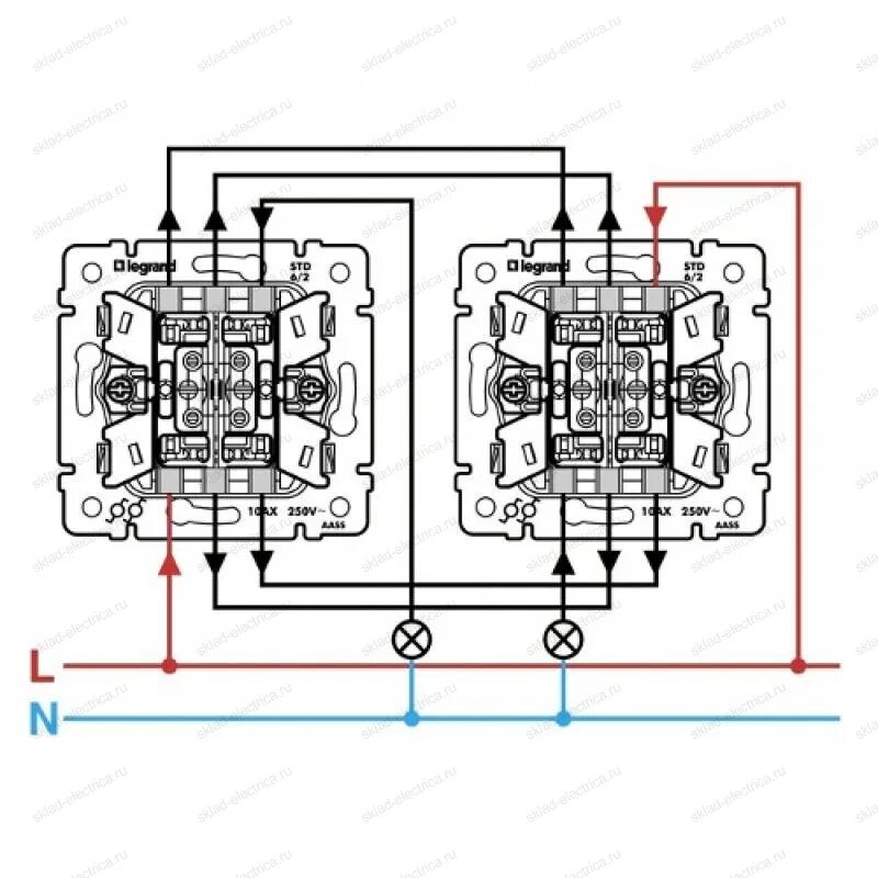 Подключение переключателя на два направления схема подключения Купить Проходной двухклавишный переключатель Legrand Valena белый 774408 в Санкт