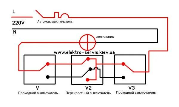 Подключение переключателя с 3 мест Схема подключения проходного выключателя с 3-х мест