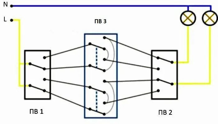 Подключение перекрестного проходного переключателя Как подключить проходной выключатель: пошаговая инструкция