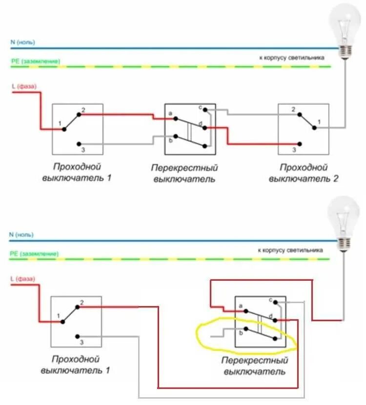 Подключение перекрестного проходного переключателя Как подключить проходной выключатель схема