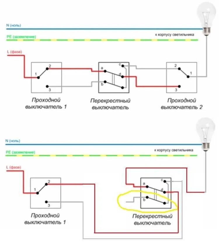 Подключение перекрестного выключателя с трех мест схема Схема подключения проходного двухклавишного с двух мест: найдено 88 изображений