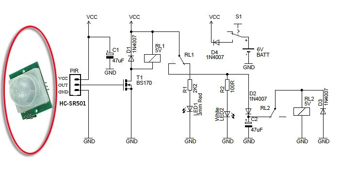 Подключение pir датчик Night Security Light with Hacked PIR sensor Electronic circuit projects, Securit