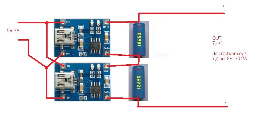 Подключение платы зарядного устройства для литиевых аккумуляторов Równoczesne ładowanie 2-uch ogniw 18650 połączonych ze sobą szeregowo