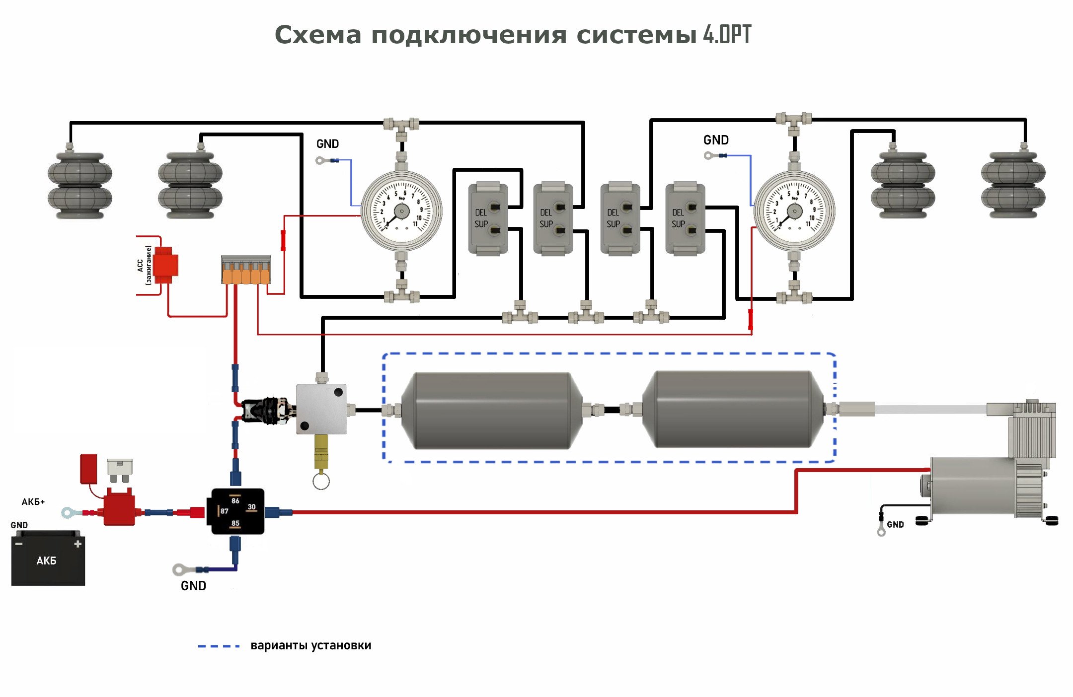 Подключение пневмоподвески 2 четырех контурная система управления пневмоподвеской