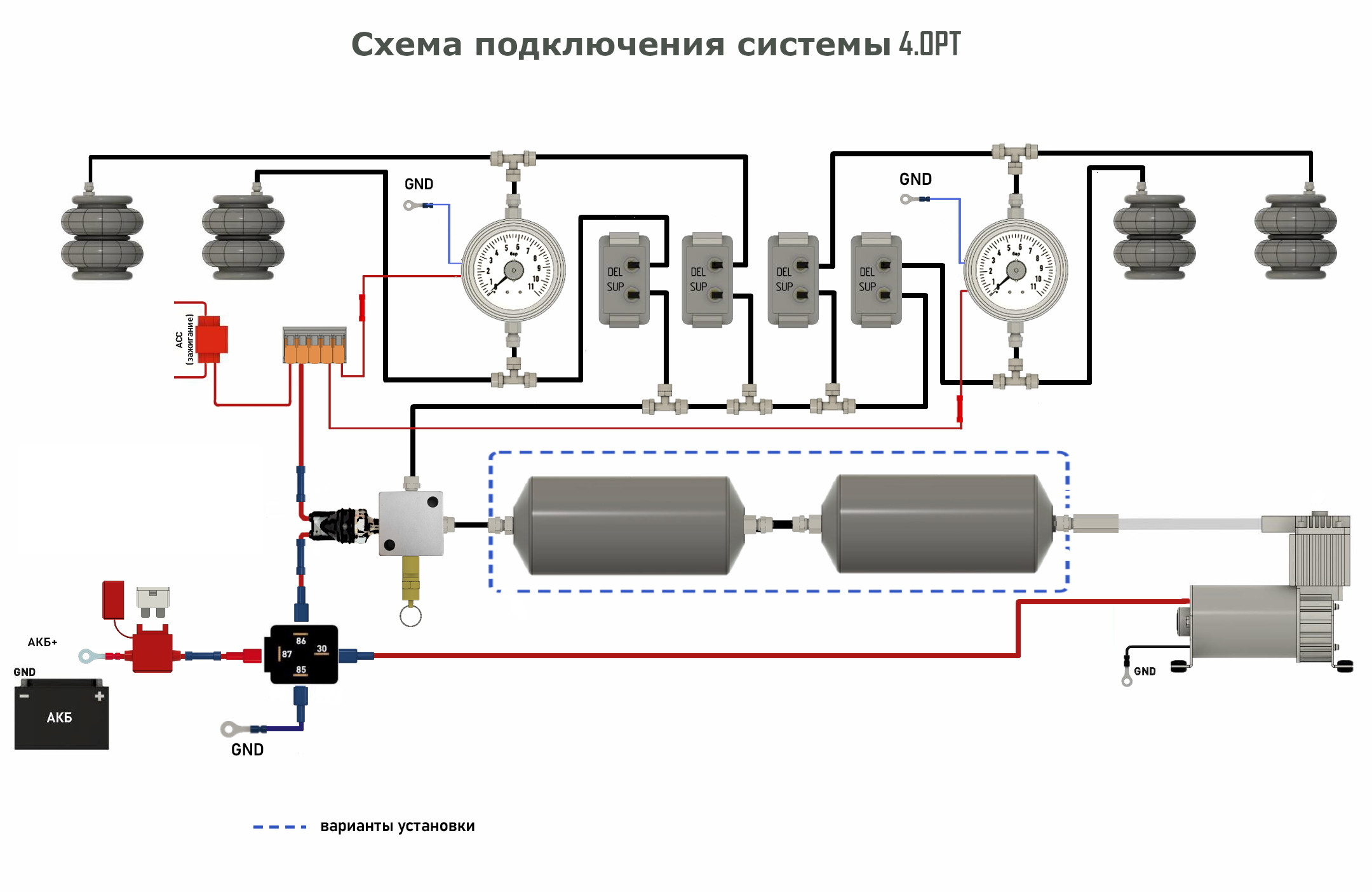 Подключение пневмоподвески 2 контура четырех контурная система управления пневмоподвеской