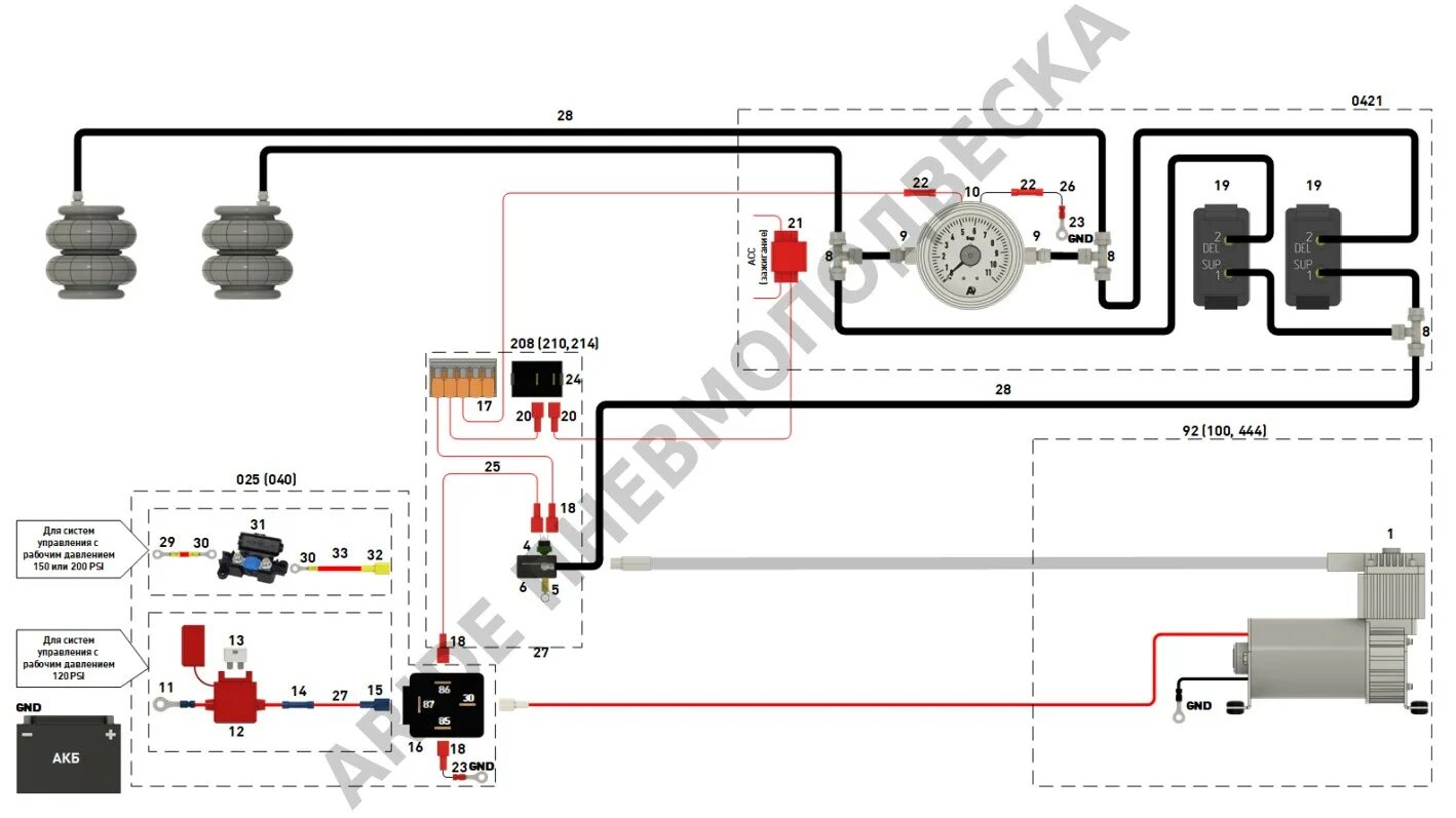 Подключение пневмоподвески 2 контура Схема подключения пневмоподвески - Серия Оптимал - Арайд