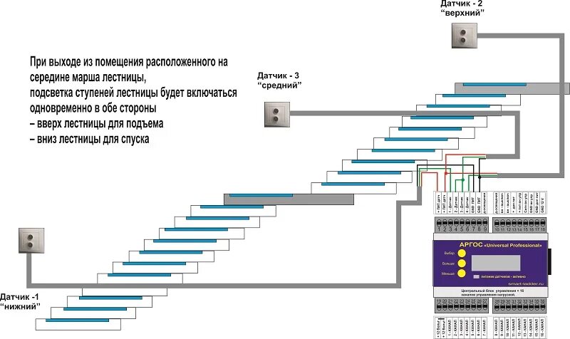 Подключение подсветки лестницы с датчиком движения АРГОС "Universal Professional" ИНСТРУКЦИЯ ПО УСТАНОВКЕ. АВТОМАТИЧЕСКАЯ ПОДСВЕТКА