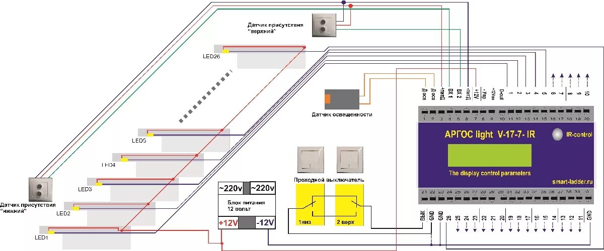 Подключение подсветки лестницы с датчиком движения Модель "АРГОС light V 17- 7 IR" АВТОМАТИЧЕСКАЯ ПОДСВЕТКА ЛЕСТНИЦЫ. 234147@mail.r