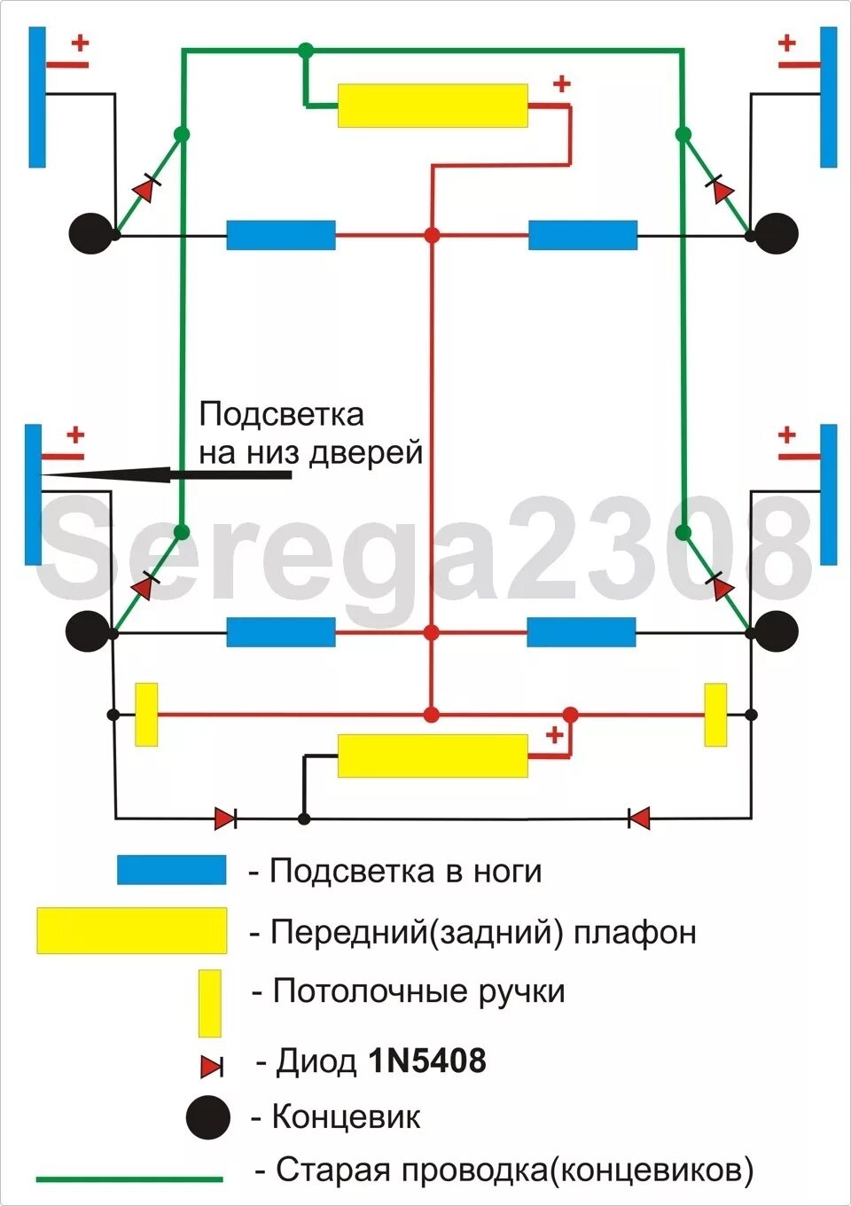 Подключение подсветки ног через кнопку Подсветка около дверного пространства - PART 2 - Daewoo Nexia, 1.5 л., 2008 года