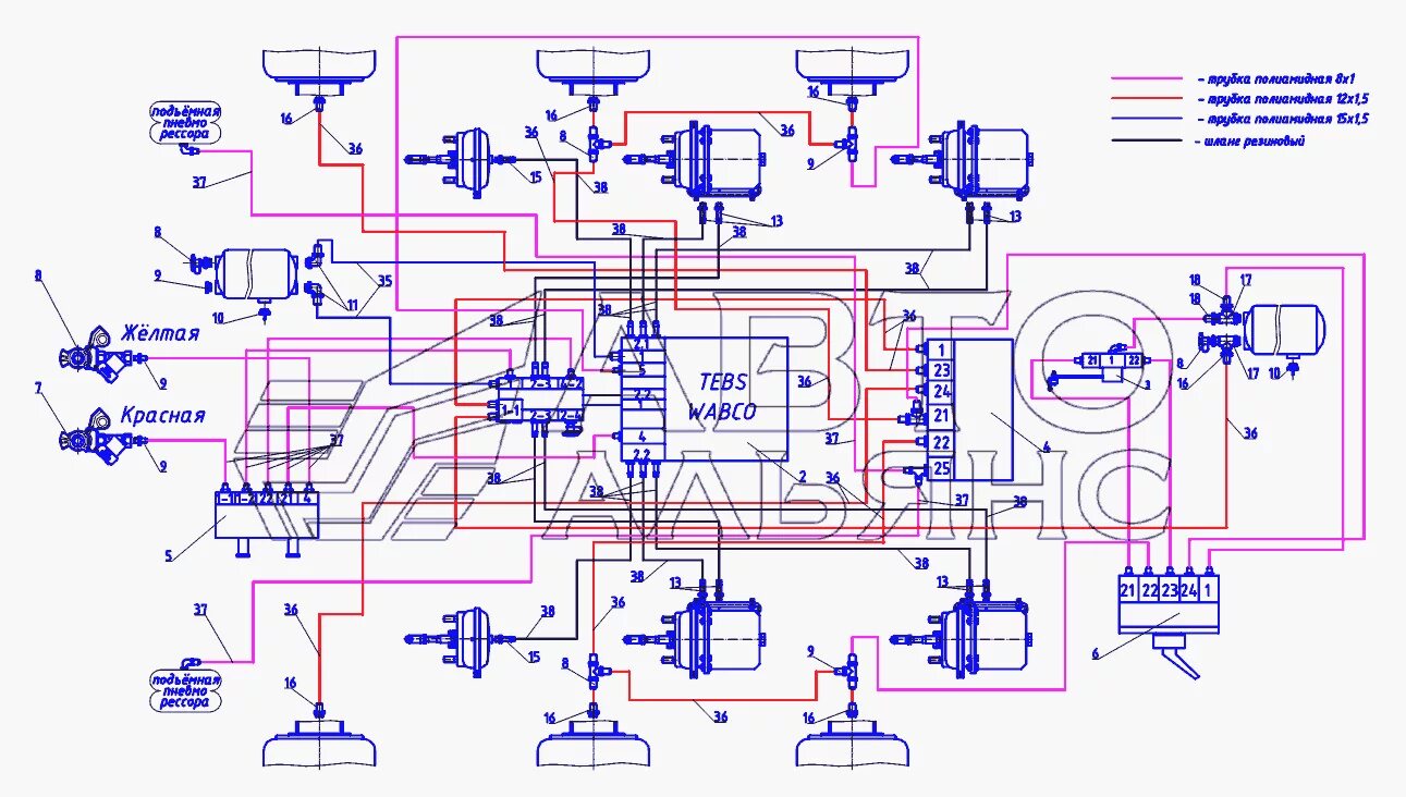 Подключение полуприцепа схема Схема пневматическая WABCO Тонар-9523 (вариант) (Чертеж № 21: список деталей, ст
