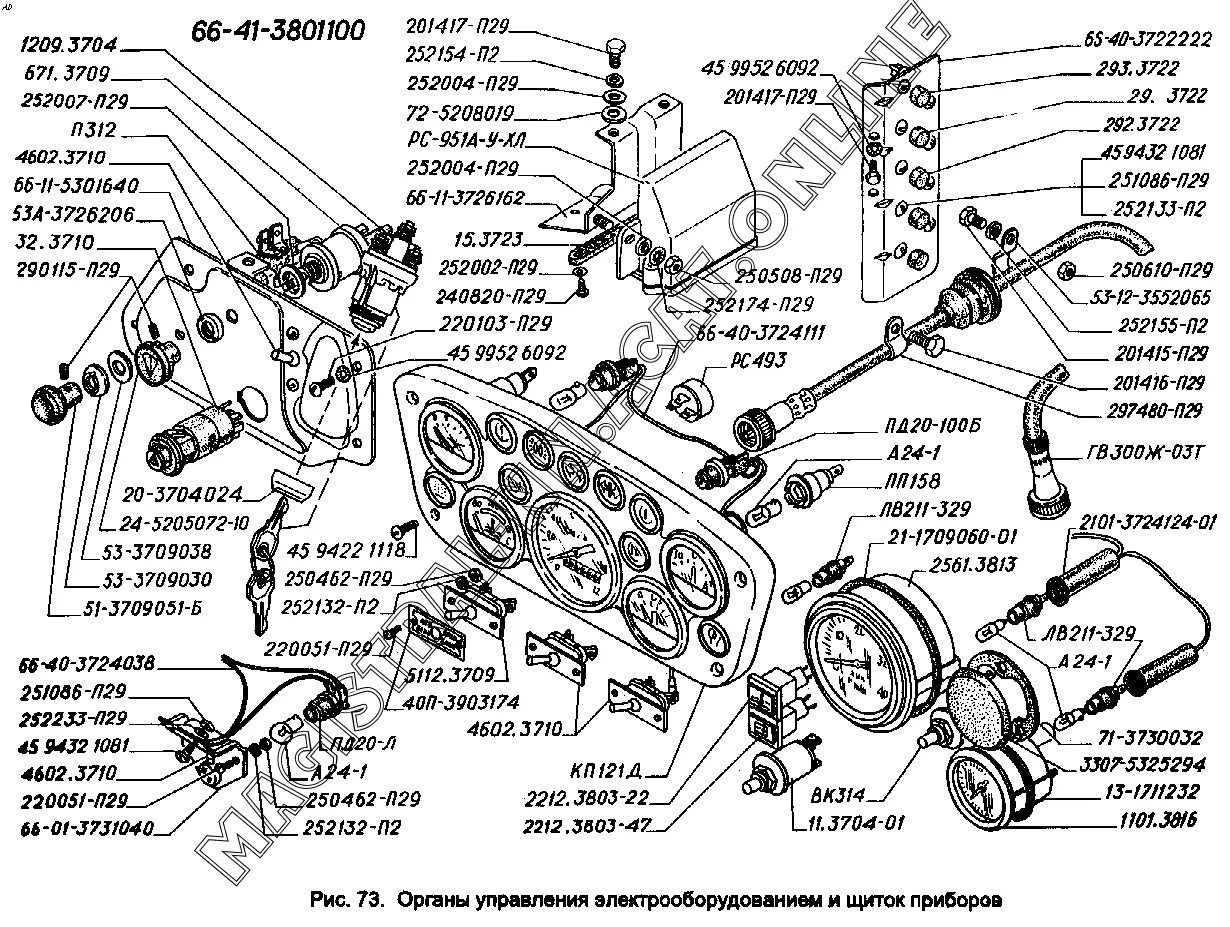 Подключение приборов газ 53 Органы управления электрооборудованием и щиток приборов ГАЗ 66
